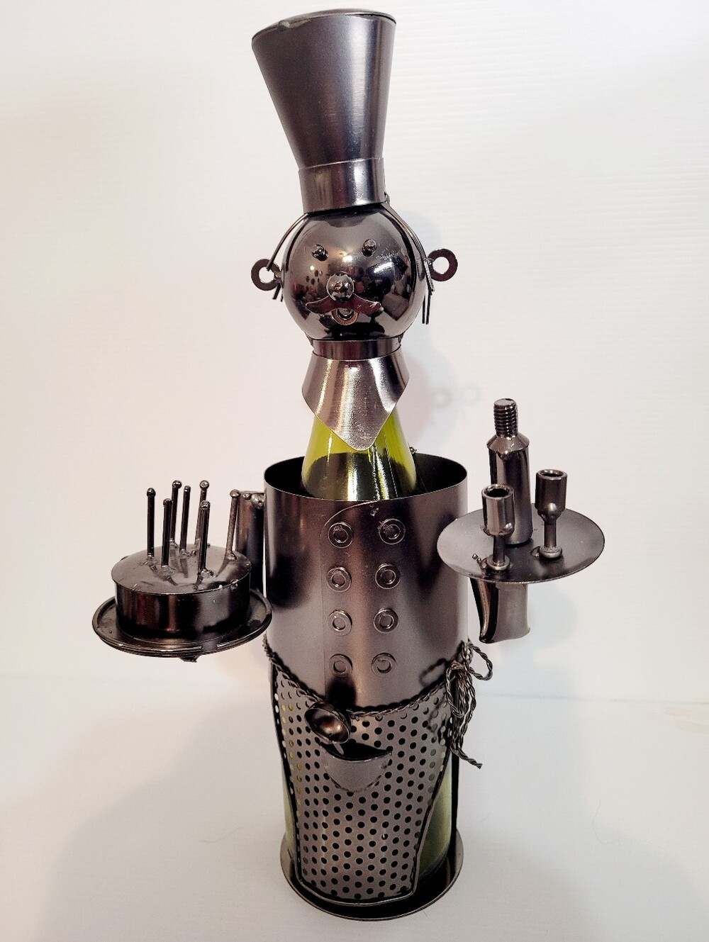 Metal Chef Wine Bottle Holder Sculpture 14” Bar Kitchen Decor Handmade Style
